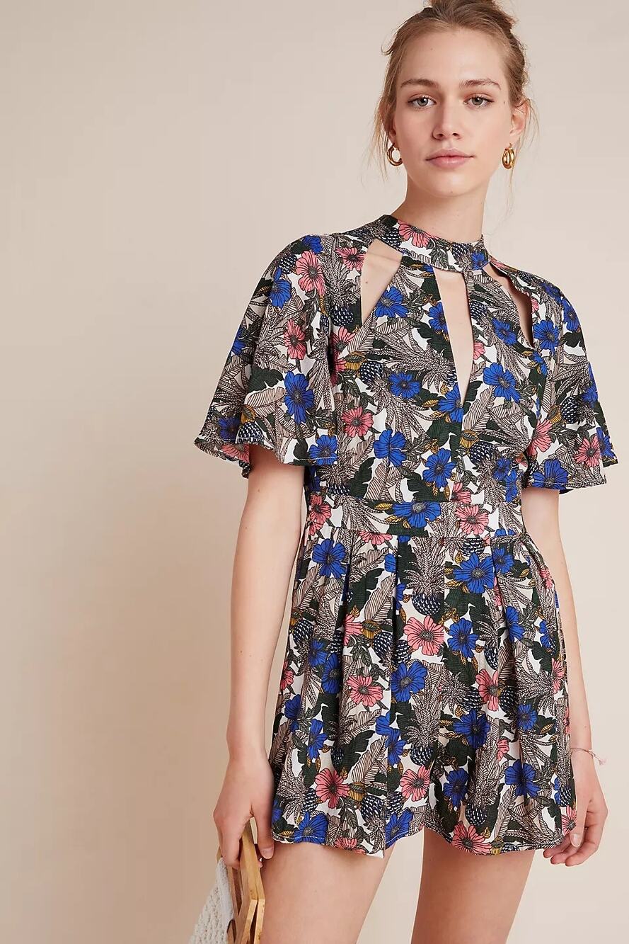 Anthro Luisa Romper Lost + Wander Botanical Floral Boho Cottage Blue Size M